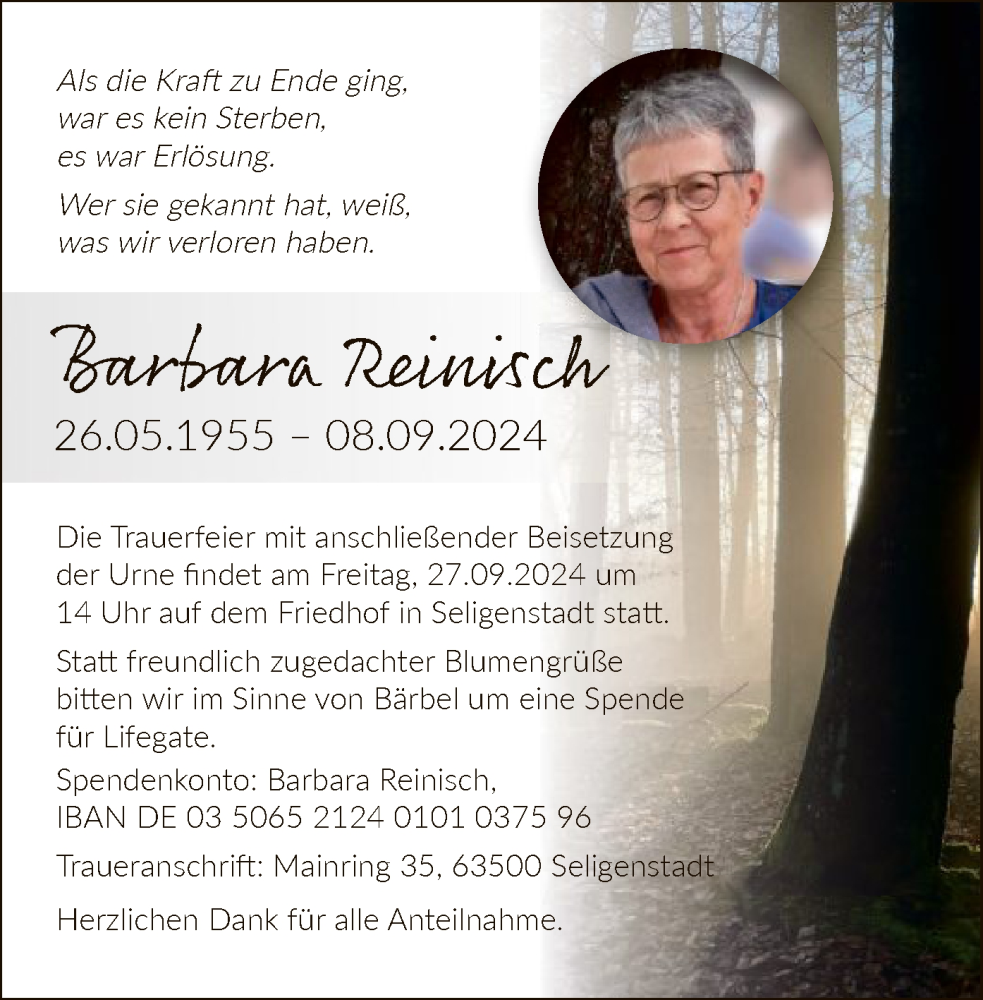  Traueranzeige für Barbara Reinisch vom 21.09.2024 aus OF