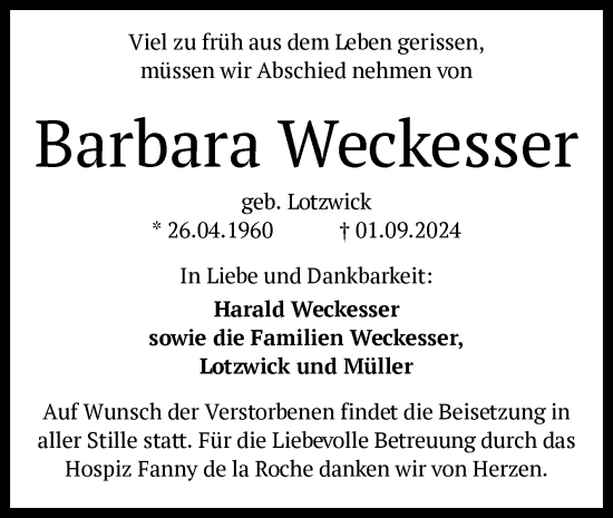 Traueranzeige von Barbara Weckesser von OF