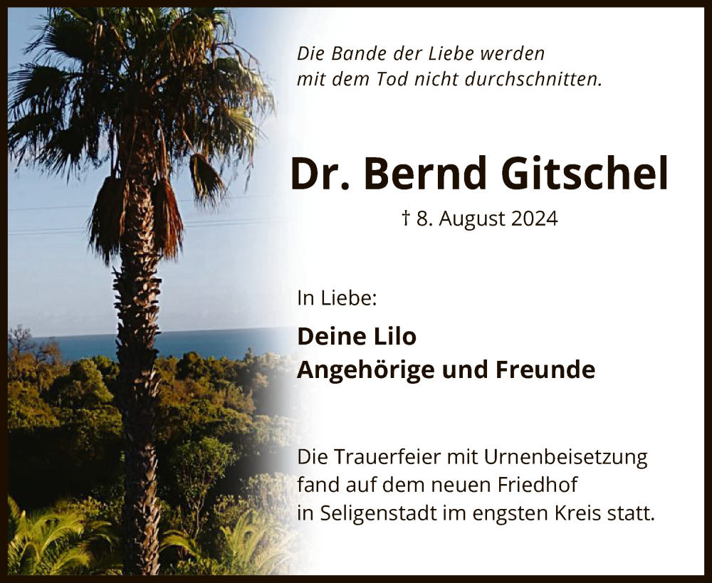  Traueranzeige für Bernd Gitschel vom 07.09.2024 aus OF