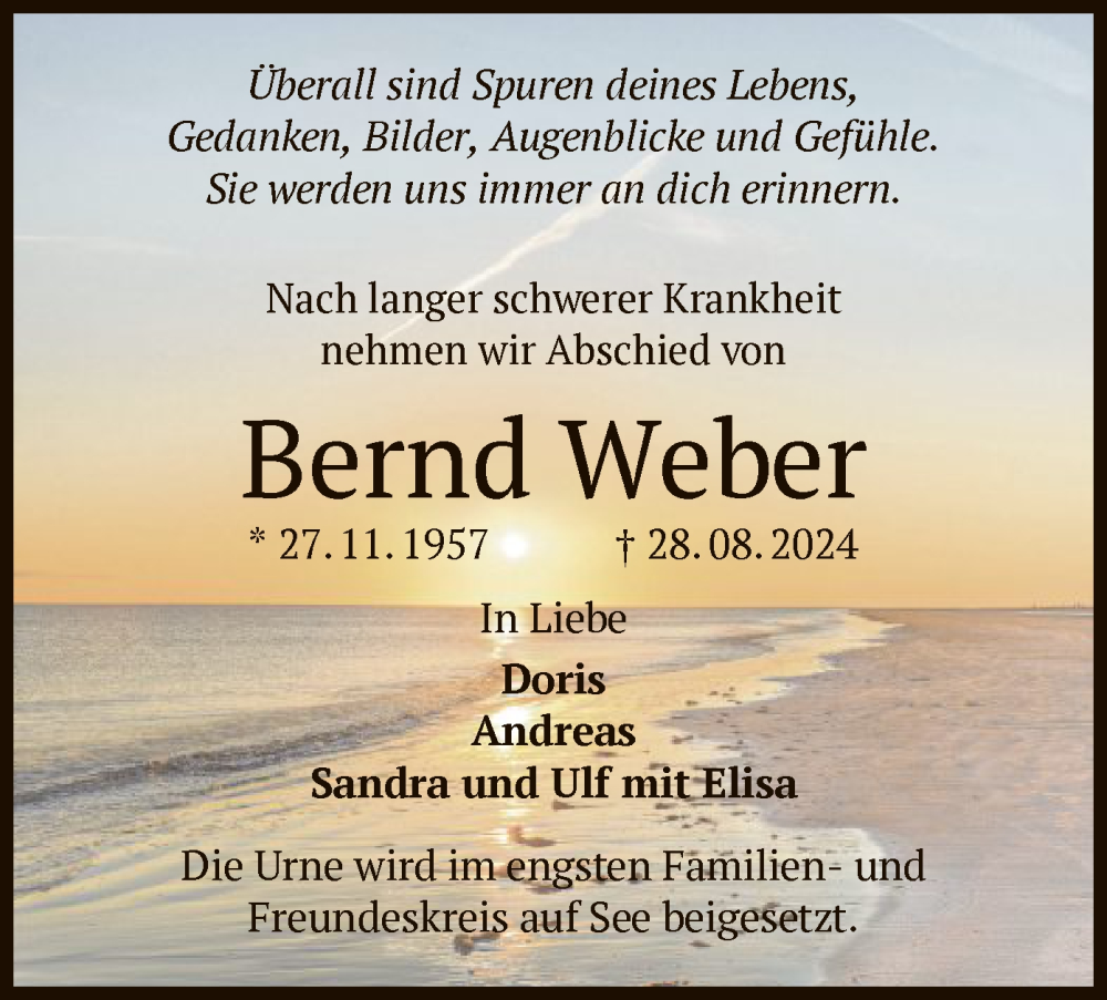  Traueranzeige für Bernd Weber vom 07.09.2024 aus OF