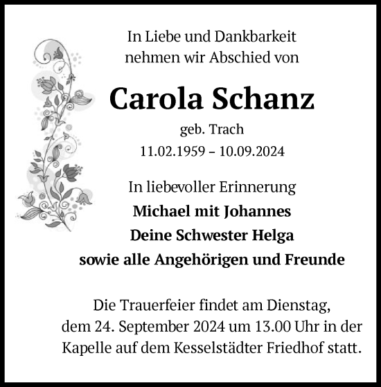 Traueranzeige von Carola Schanz von OF