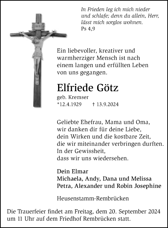 Traueranzeige von Elfriede Götz von OF