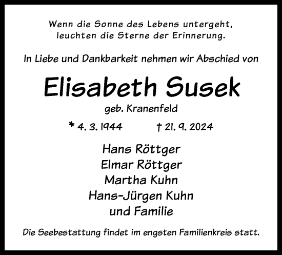 Traueranzeige von Elisabeth Sueek von OF