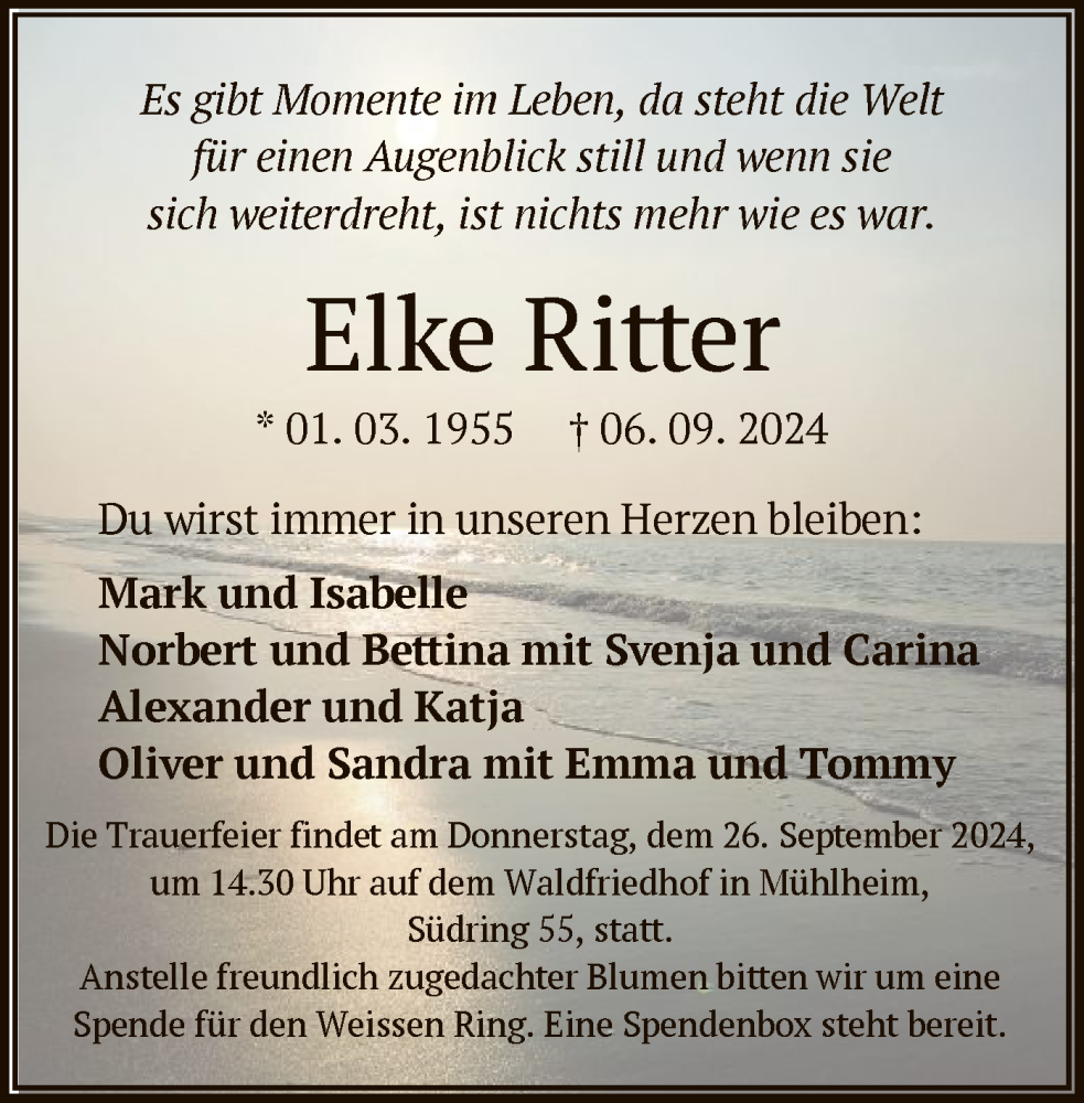  Traueranzeige für Elke Ritter vom 21.09.2024 aus OF