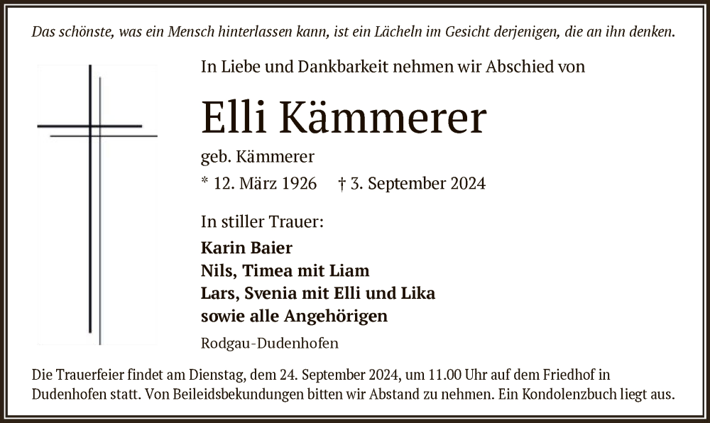  Traueranzeige für Elli Kämmerer vom 21.09.2024 aus OF