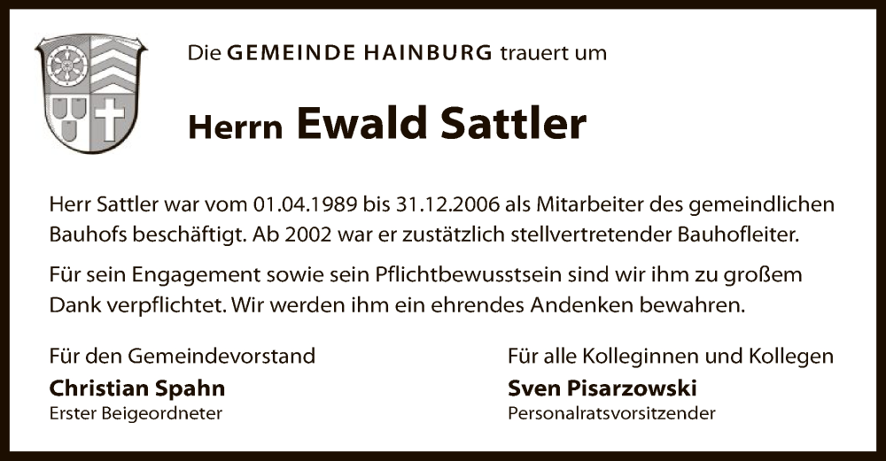  Traueranzeige für Ewald Sattler vom 14.09.2024 aus OF