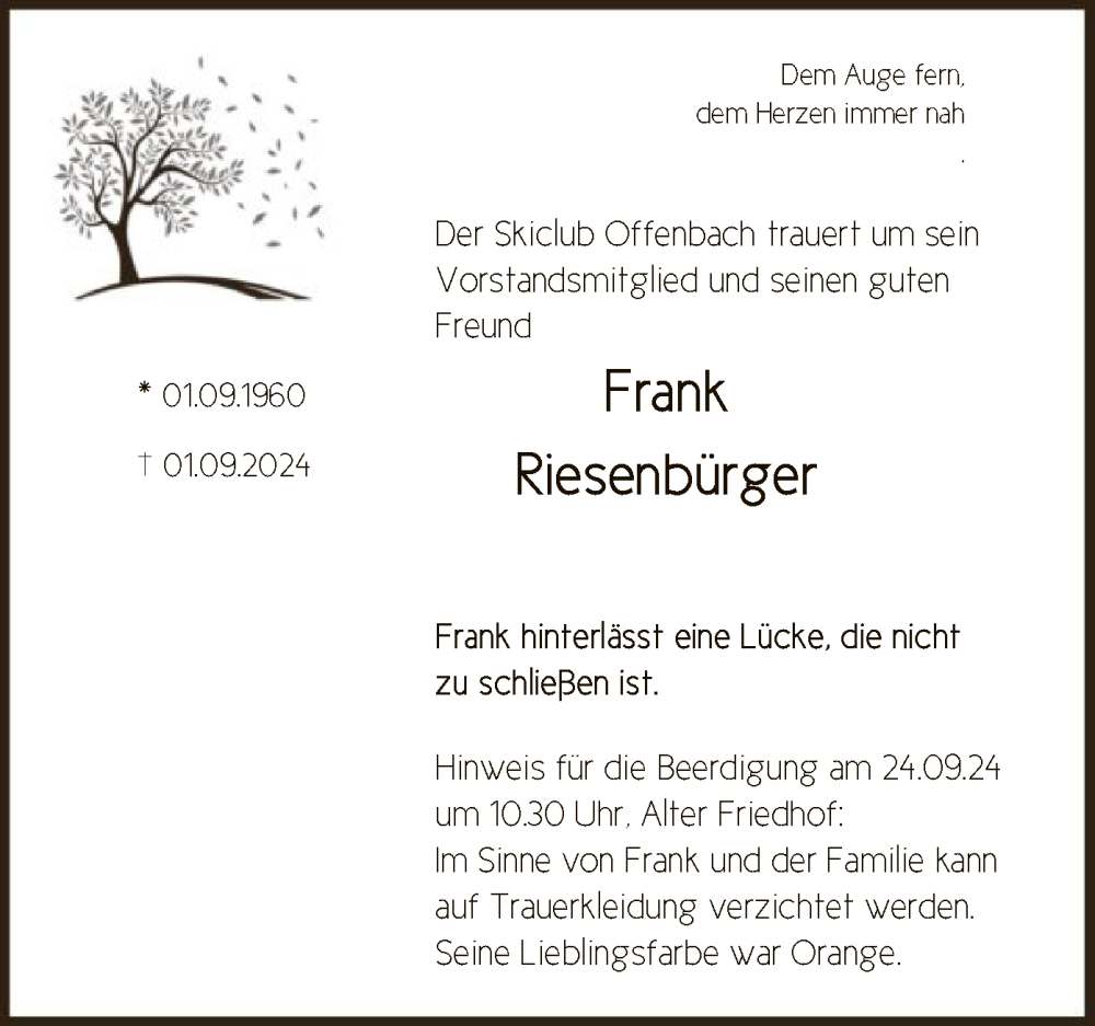  Traueranzeige für Frank Riesenbürger vom 21.09.2024 aus OF