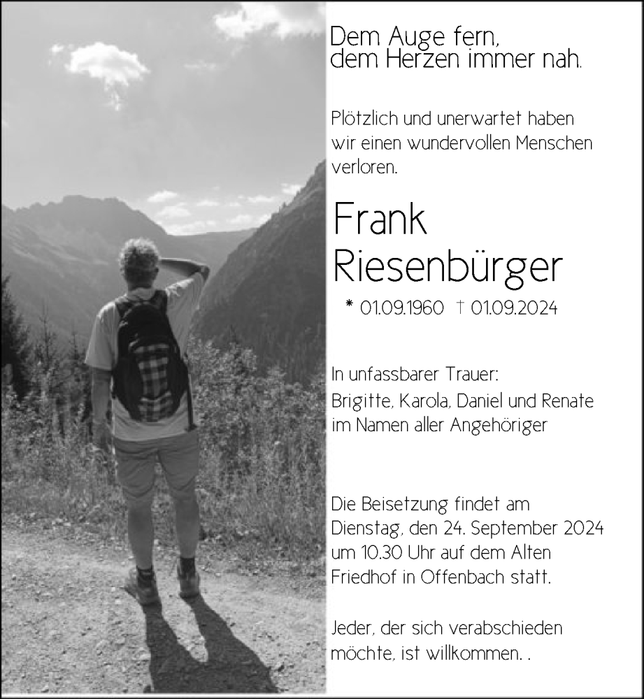  Traueranzeige für Frank Riesenbürger vom 14.09.2024 aus OF