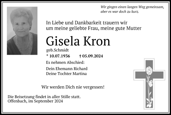 Traueranzeige von Gisela Kron von OF