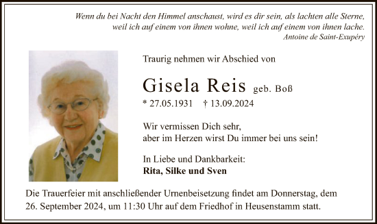 Traueranzeige von Gisela Reis von OF