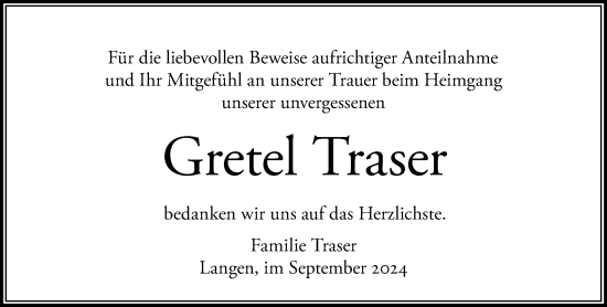 Traueranzeige von Gretel Traser von OF