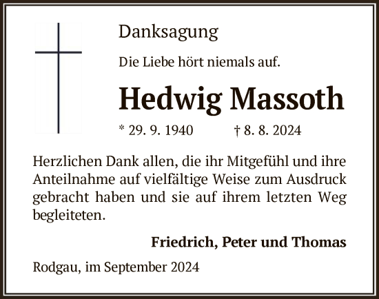 Traueranzeige von Hedwig Massoth von OF