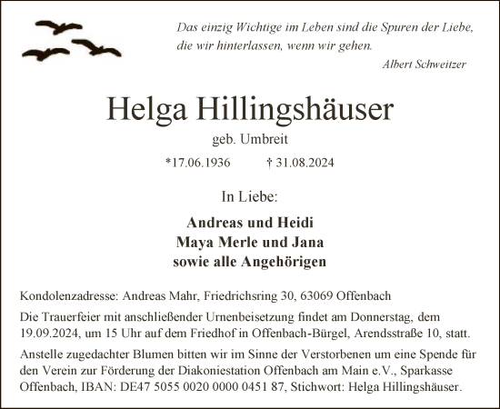 Traueranzeige von Helga Hillingshäuser von OF