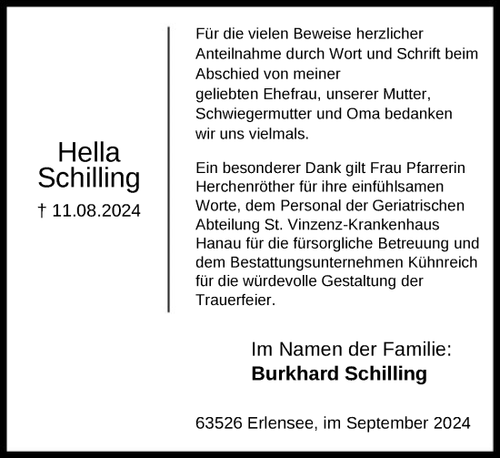 Traueranzeige von Hella Schilling von OF