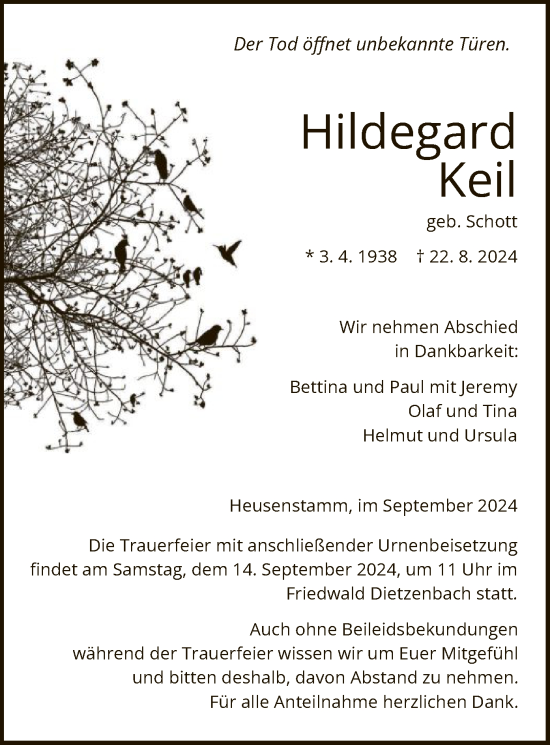 Traueranzeige von Hildegard Keil von OF