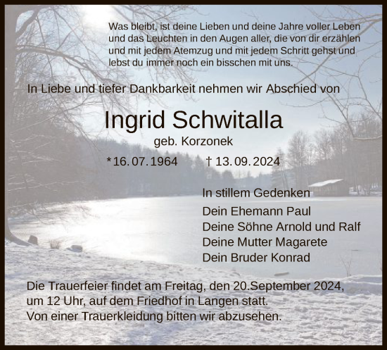 Traueranzeige von Ingrid Schwitalla von OF