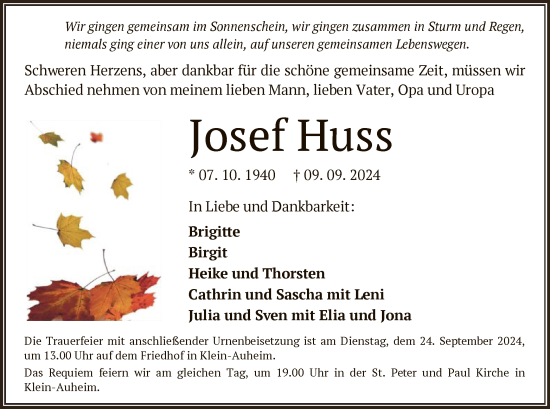 Traueranzeige von Josef Huss von OF