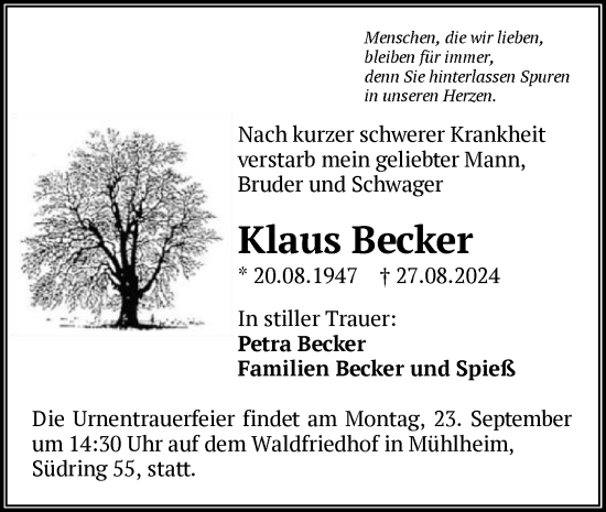 Traueranzeige von Klaus Becker von OF