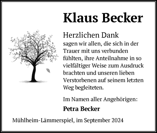 Traueranzeige von Klaus Becker von OF