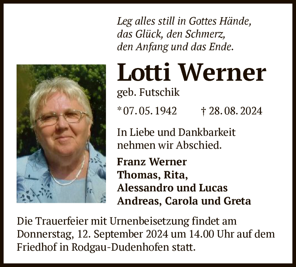  Traueranzeige für Lotti Werner vom 07.09.2024 aus OF