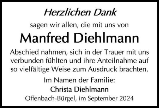 Traueranzeige von Manfred Diehlmann von OF