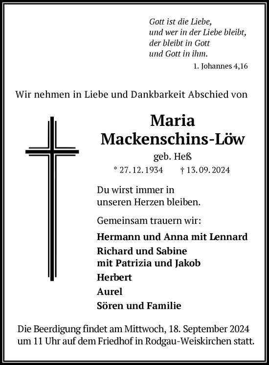 Traueranzeige von Maria Mackenschins-Löw von OF