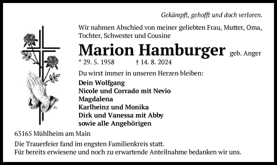 Traueranzeige von Marion Hamburger von OF