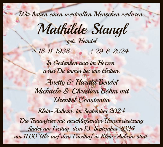 Traueranzeige von Mathilde Stangl von OF