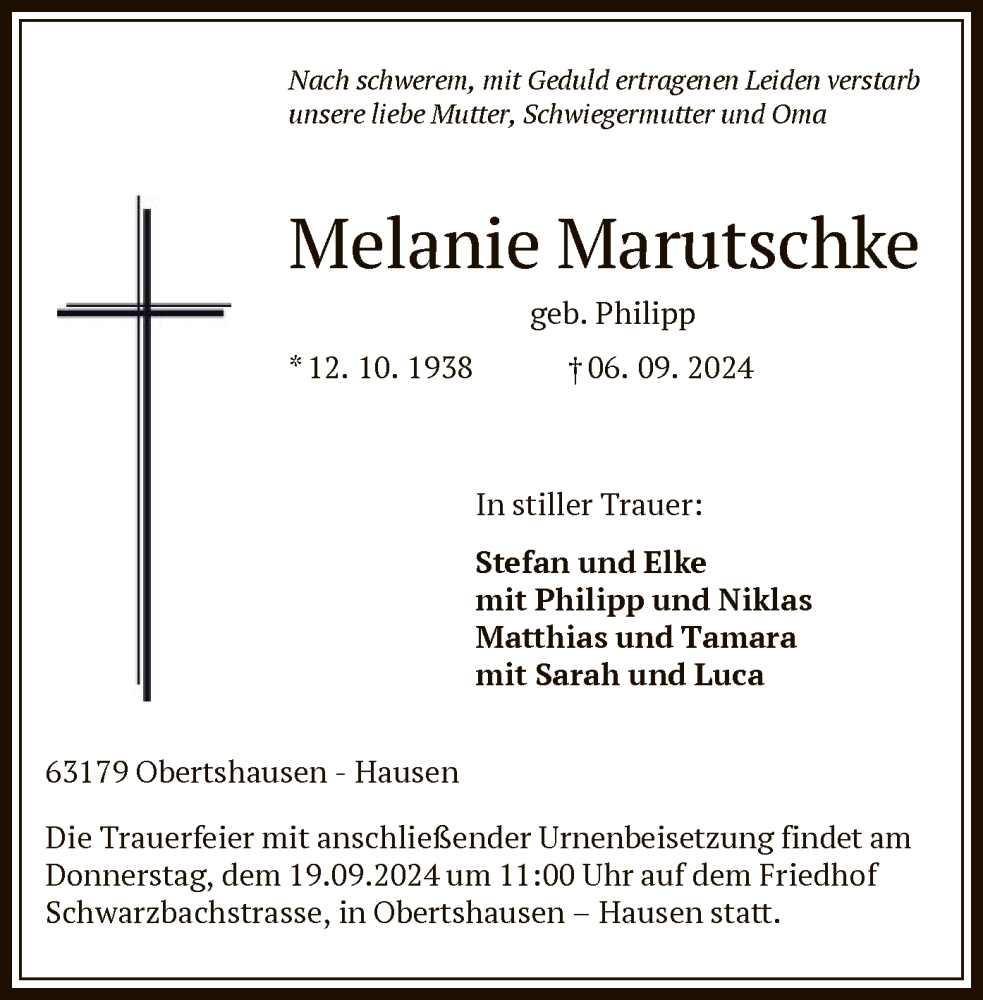  Traueranzeige für Melanie Marutschke vom 14.09.2024 aus OF