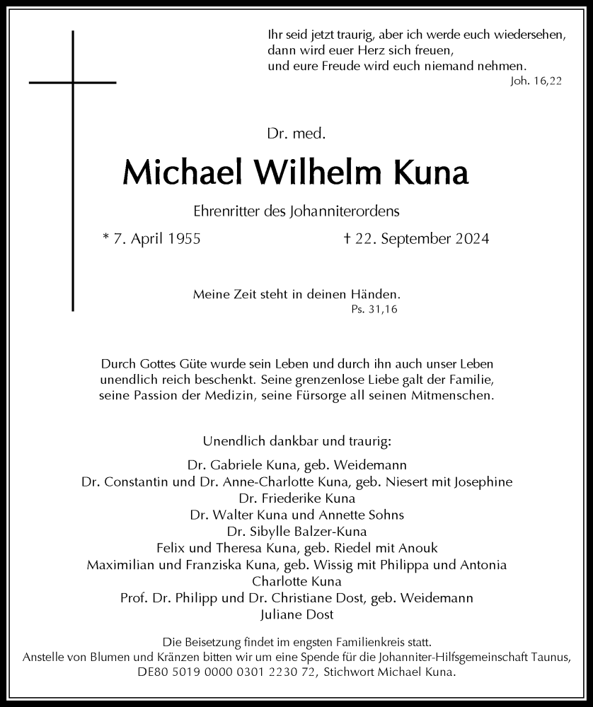  Traueranzeige für Michael Wilhelm Kuna vom 28.09.2024 aus OF