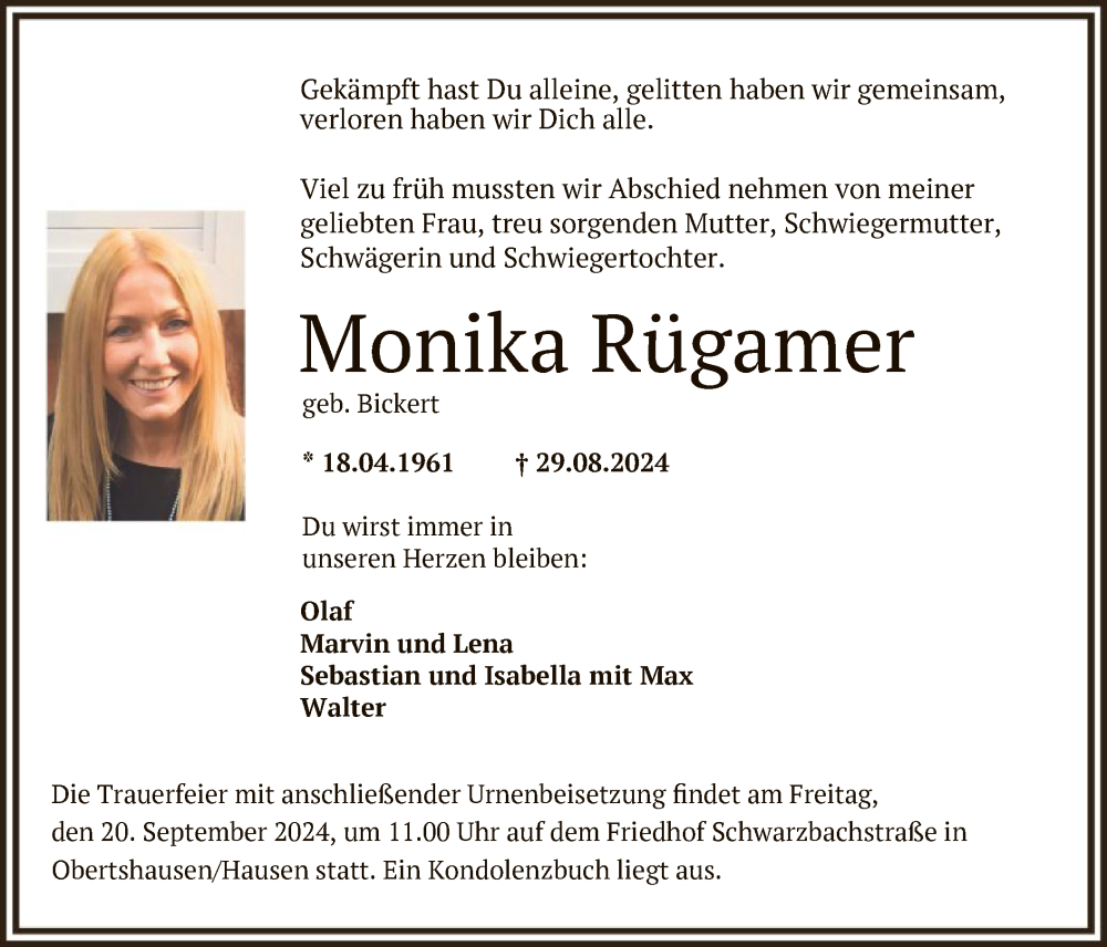  Traueranzeige für Monika Rügamer vom 14.09.2024 aus OF