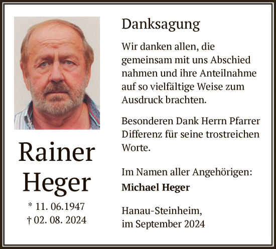 Traueranzeige von Rainer Heger von OF