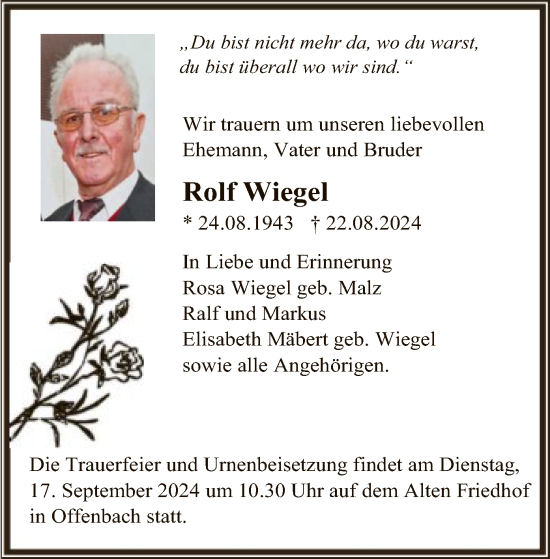 Traueranzeige von Rolf Wiegel von OF