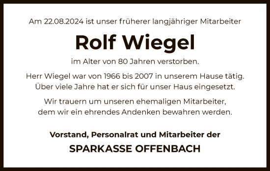 Traueranzeige von Rolf Wiegel von OF