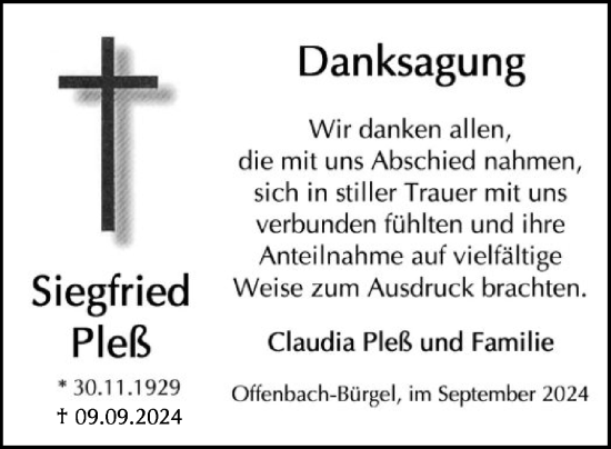 Traueranzeige von Siegfried Pleß von OF