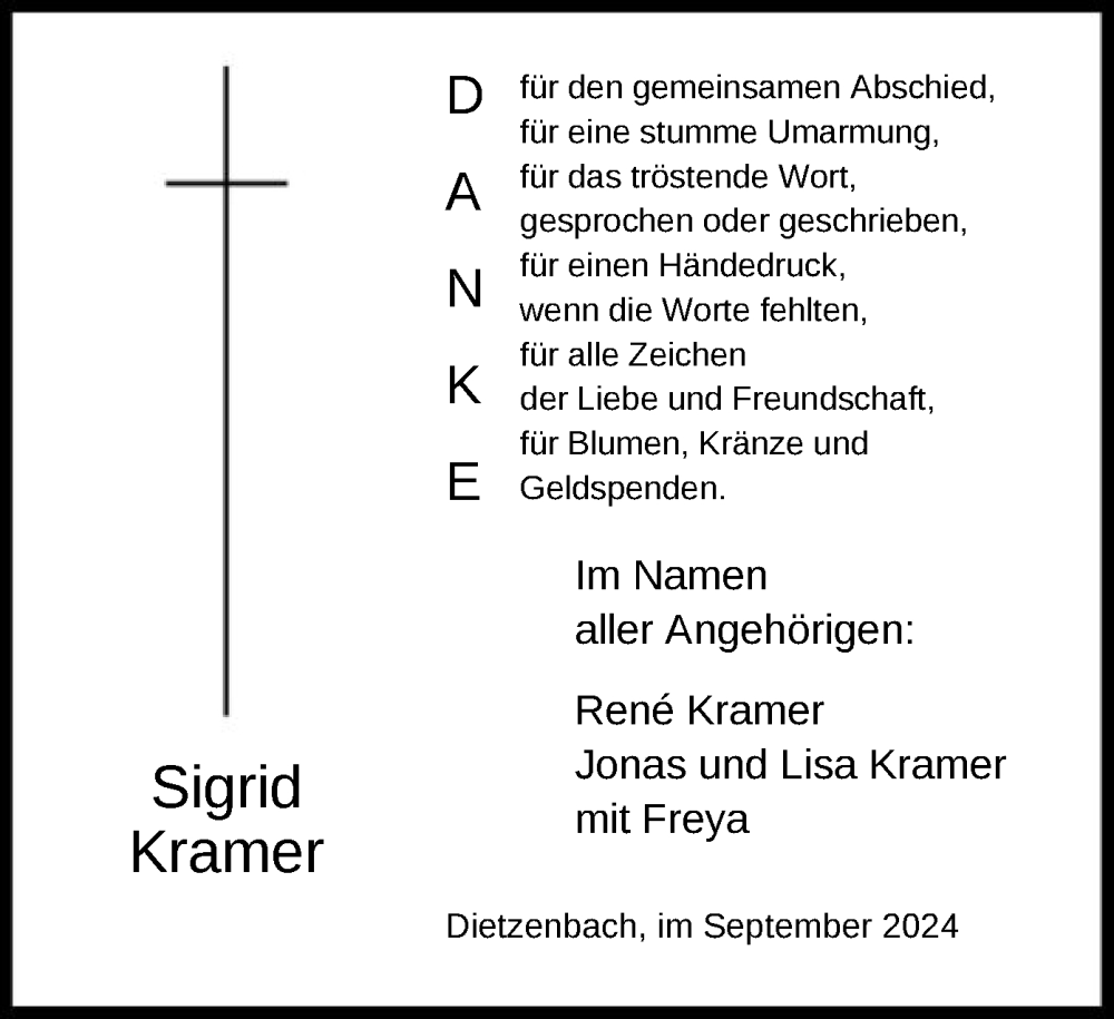  Traueranzeige für Sigrid Kramer vom 28.09.2024 aus OF