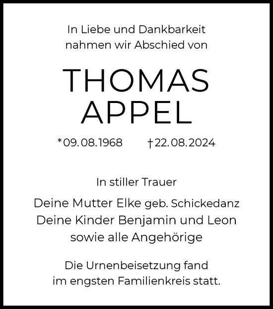 Traueranzeige von Thomas Appel von OF