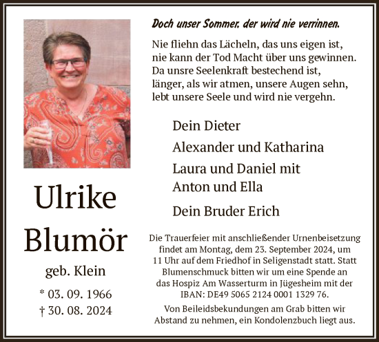 Traueranzeige von Ulrike Blumör von OF