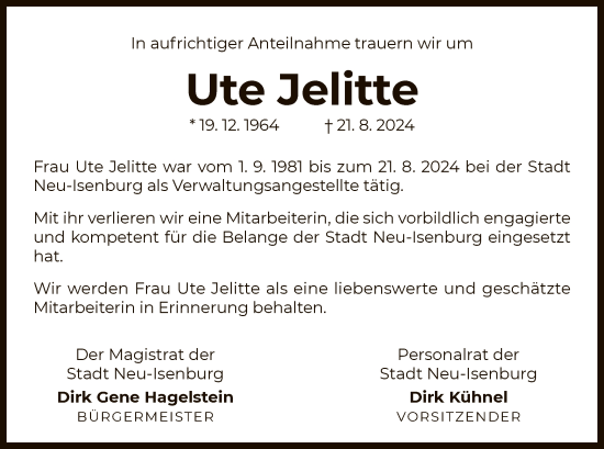 Traueranzeige von Ute Jelitte von OF