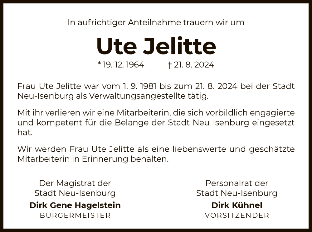  Traueranzeige für Ute Jelitte vom 07.09.2024 aus OF