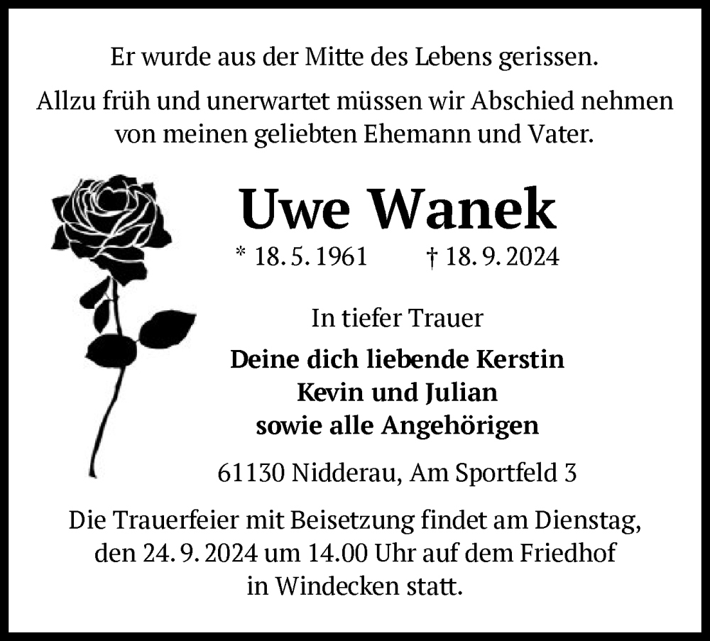  Traueranzeige für Uwe Wanek vom 21.09.2024 aus OF