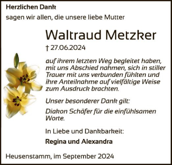 Traueranzeige von Waltraud Metzker von OF