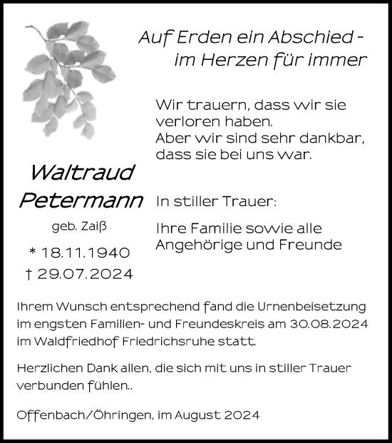 Traueranzeige von Waltraud Petermann von OF