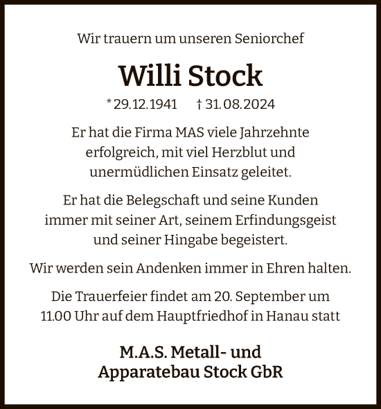 Traueranzeige von Willi Stock von OF