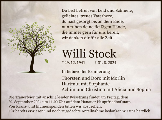 Traueranzeige von Willi Stock von OF