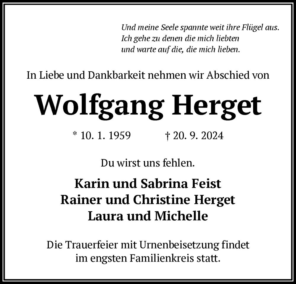  Traueranzeige für Wolfgang Herget vom 28.09.2024 aus OF