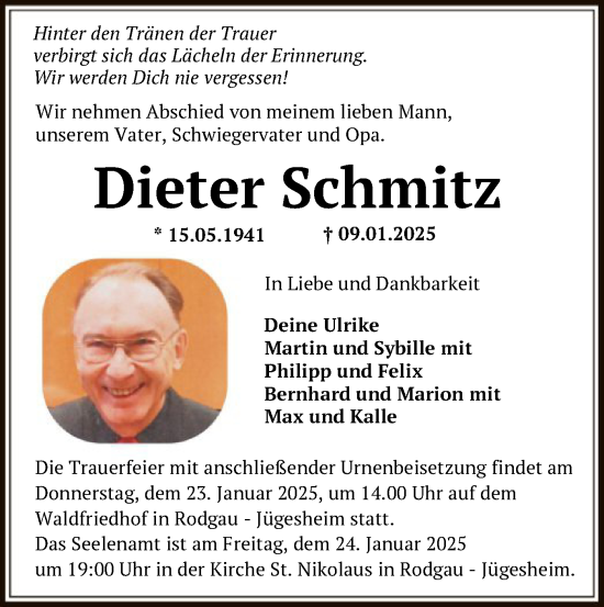 Traueranzeige von Dieter Schmitz von OF