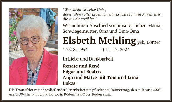 Traueranzeige von Elsbeth Mehling von OF