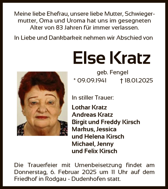 Traueranzeige von Else Kratz von OF