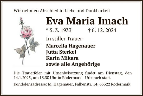 Traueranzeige von Eva Maria Imach von OF